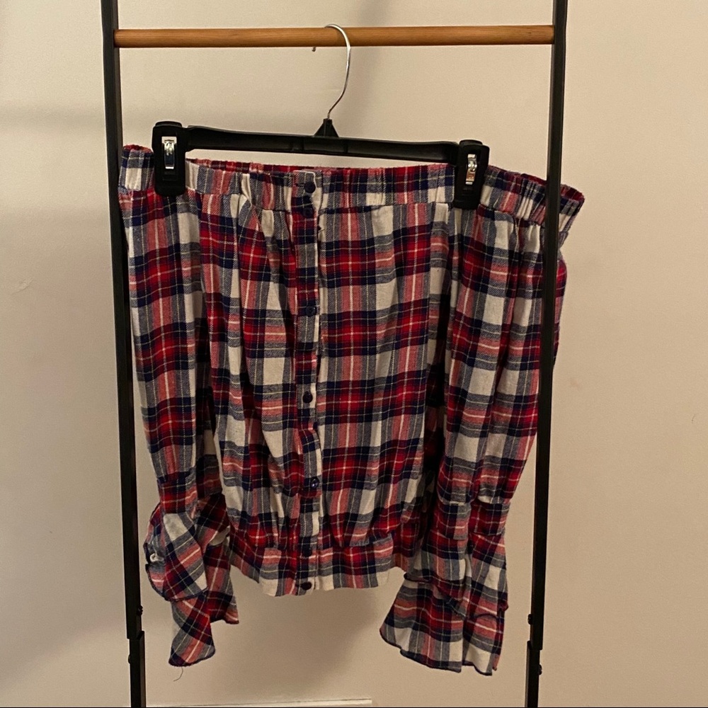 Off the Shoulder Plaid Long Sleeve Top -M